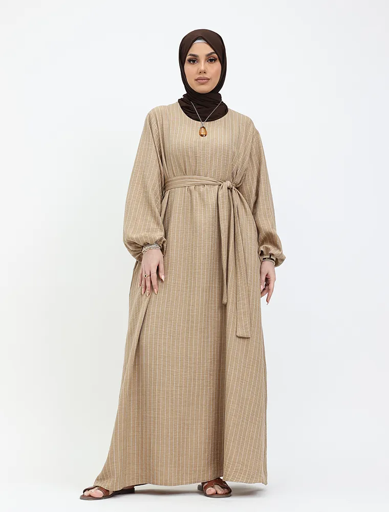 Camel Stripe Linen Feel Essential Abaya